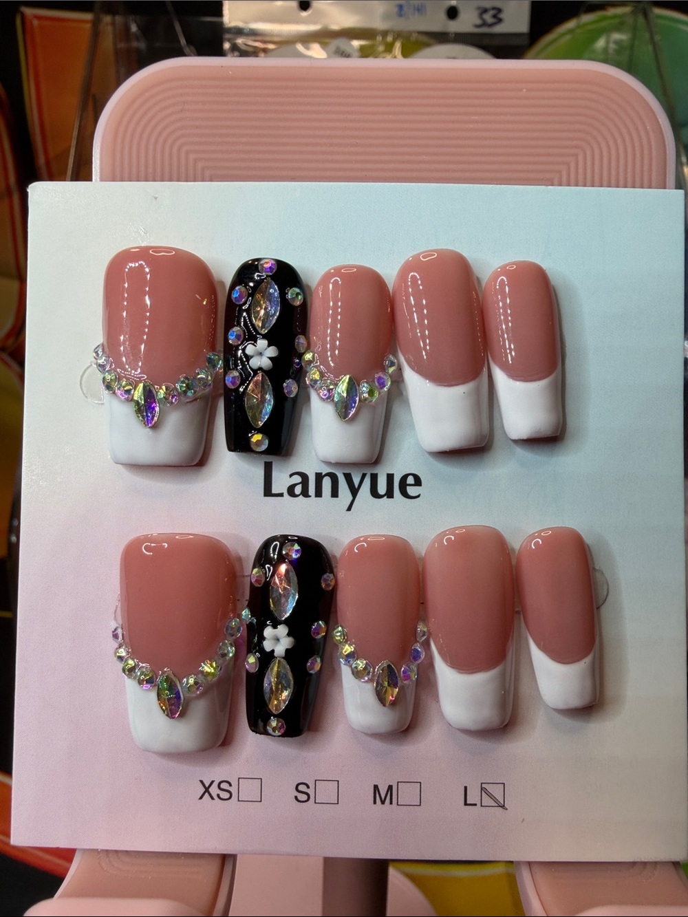 White & Black Rhinestone French Press-On Nails